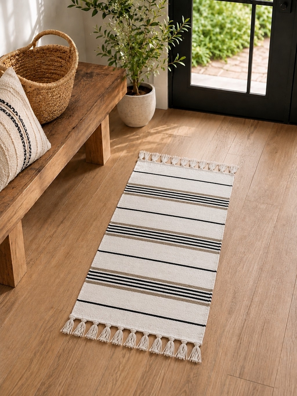 Woven Accent Mat Throw Rug Natural Beige Black Gold Striped Tassels Boho Decor